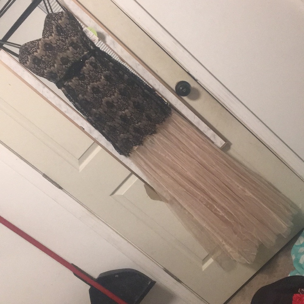 Lace homecoming dress with black satin ribbon